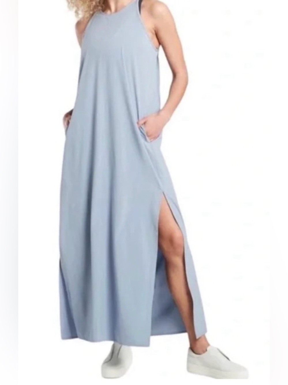 Athleta Hayes Pleated Maxi Dress Blue Star NWT Size S Pockets